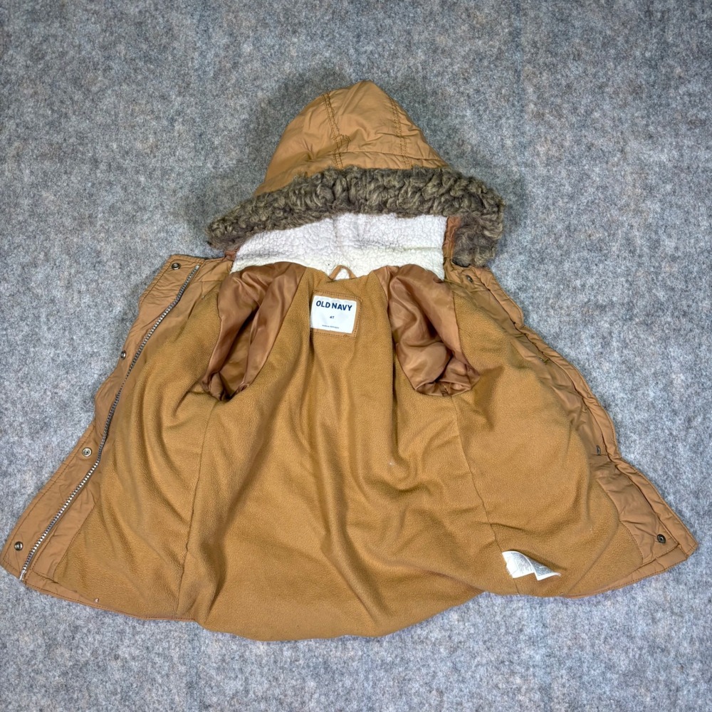 Old Navy Faux Fur Trim Parka Kids 4T Brown Hooded Fleece Lined Jacket Boys Girls
